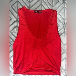 red cropped top